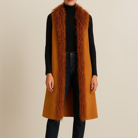 Tensione In Rust Faux Fur Trim Wool Blend Vest - Picture 1 of 10